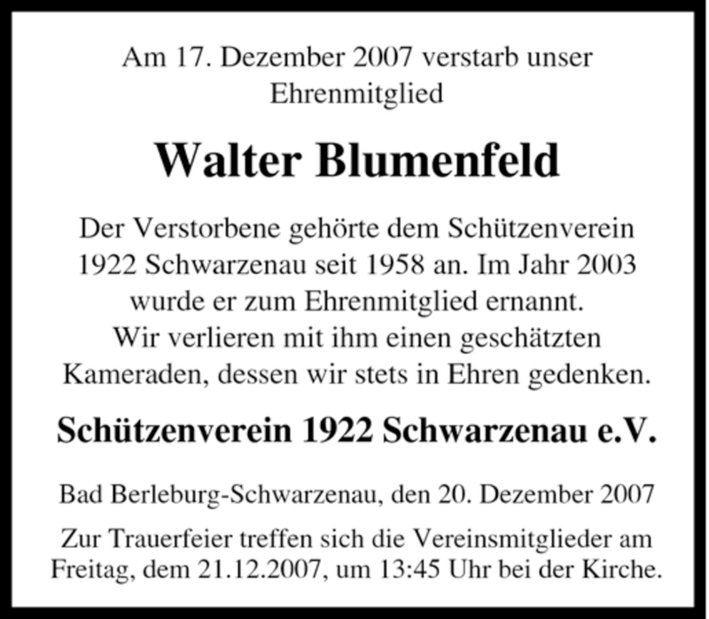  Traueranzeige für Walter Blumenfeld vom 20.12.2007 aus Tageszeitung