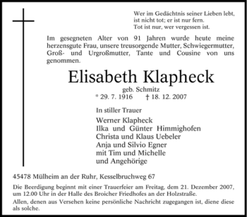 Traueranzeige von Elisabeth Klapheck von Tageszeitung