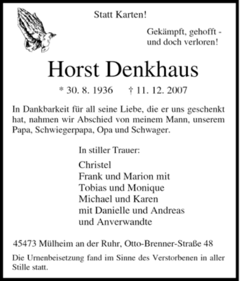 Traueranzeige von Horst Denkhaus von Tageszeitung