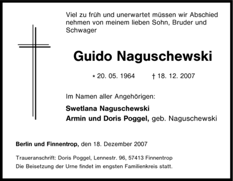  Traueranzeige für Guido Naguschewski vom 20.12.2007 aus Tageszeitung