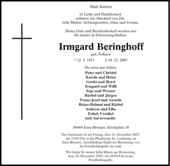 Traueranzeige von Irmgard Beringhoff von Tageszeitung