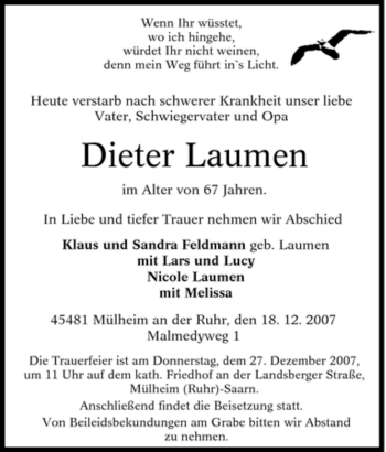 Traueranzeige von Dieter Laumen von Tageszeitung