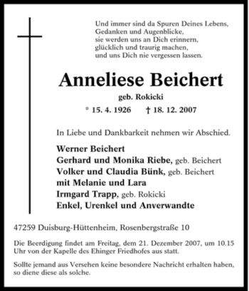 Traueranzeige von Anneliese Beichert von Tageszeitung