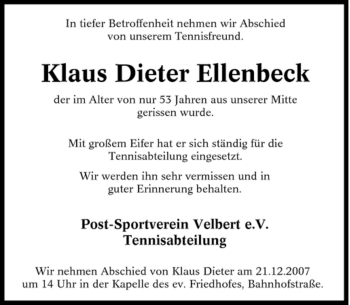 Traueranzeige von Klaus Dieter Ellenbeck von Tageszeitung