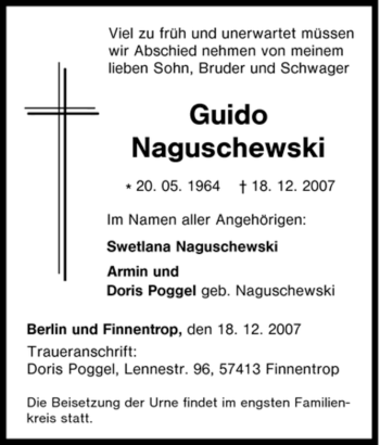 Traueranzeige von Guido Naguschewski von Tageszeitung
