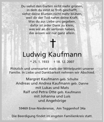 Traueranzeige von Ludwig Kaufmann von Tageszeitung