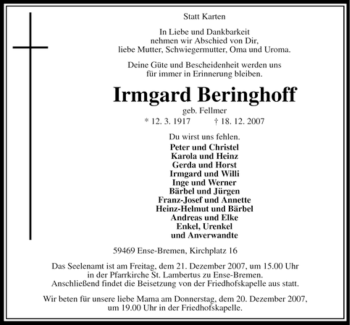 Traueranzeige von Irmgard Beringhoff von Tageszeitung