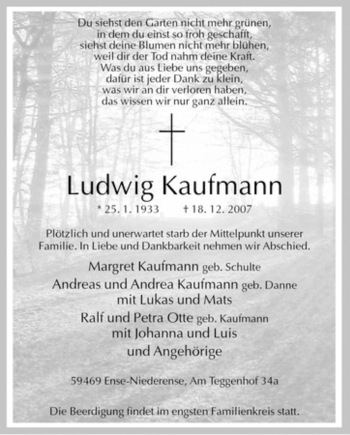 Traueranzeige von Ludwig Kaufmann von Tageszeitung