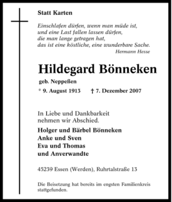 Traueranzeige von Hildegard Bönneken von Tageszeitung