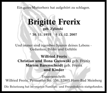 Traueranzeige von Brigitte Frerix von Tageszeitung