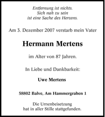 Traueranzeige von Hermann Mertens von Tageszeitung