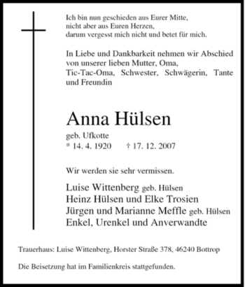 Traueranzeige von Anna Hülsen von Tageszeitung