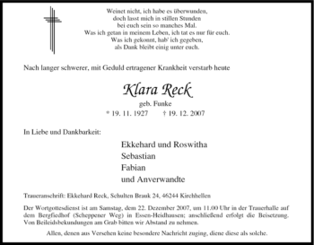 Traueranzeige von Klara Reck von Tageszeitung