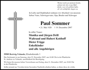 Traueranzeige von Paul Sommer von Tageszeitung