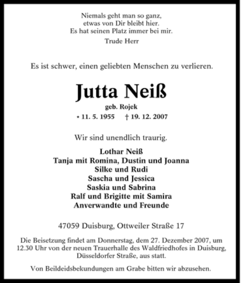 Traueranzeige für Jutta Neiß vom 21.12.2007 aus Tageszeitung