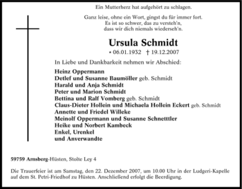 Traueranzeige von Ursula Schmidt von Tageszeitung