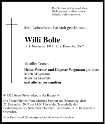 Traueranzeige von Willi Bolte von Tageszeitung