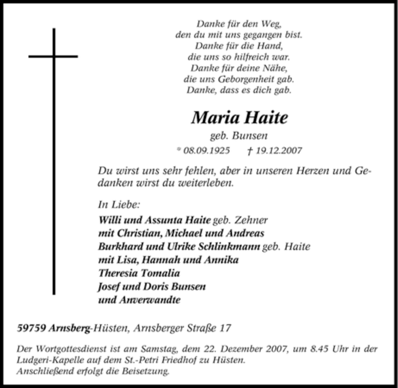  Traueranzeige für Maria Haite vom 21.12.2007 aus Tageszeitung
