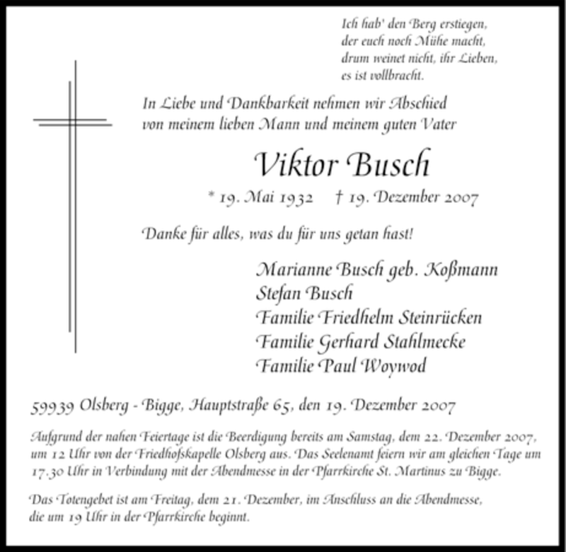  Traueranzeige für Viktor Busch vom 21.12.2007 aus Tageszeitung