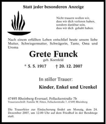 Traueranzeige von Grete Funck von Tageszeitung
