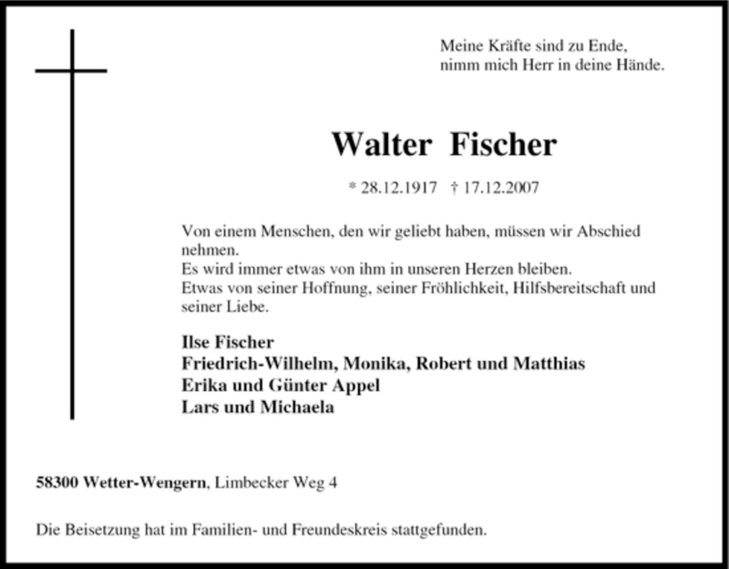  Traueranzeige für Walter Fischer vom 22.12.2007 aus Tageszeitung