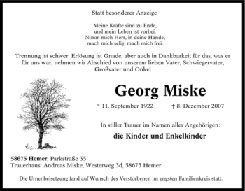 Traueranzeige von Georg Miske von Tageszeitung