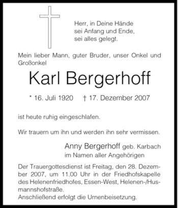 Traueranzeige von Karl Bergerhoff von Tageszeitung