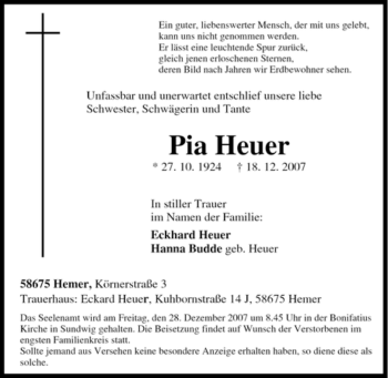 Traueranzeige von Pia Heuer von Tageszeitung