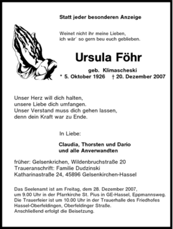 Traueranzeige von Ursula Föhr von Tageszeitung