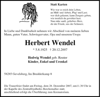 Traueranzeige von Herbert Wendel von Tageszeitung