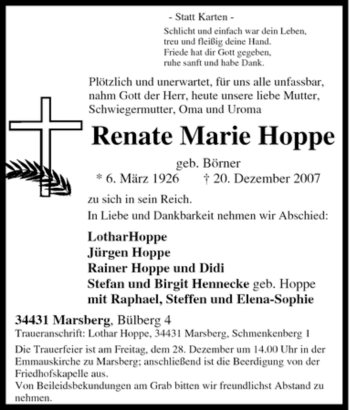 Traueranzeige von Renate Marie Hoppe von Tageszeitung
