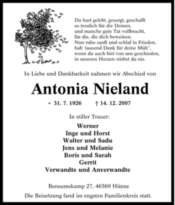 Traueranzeige von Antonia Nieland von Tageszeitung