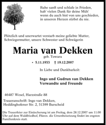 Traueranzeige von Maria van Dekken von Tageszeitung