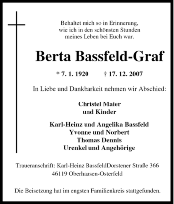 Traueranzeige von Berta Bassfeld-Graf von Tageszeitung