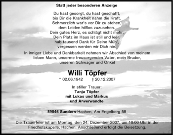 Traueranzeige von Willi Töpfer von Tageszeitung