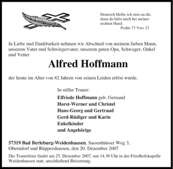 Traueranzeige von Alfred Hoffmann von Tageszeitung