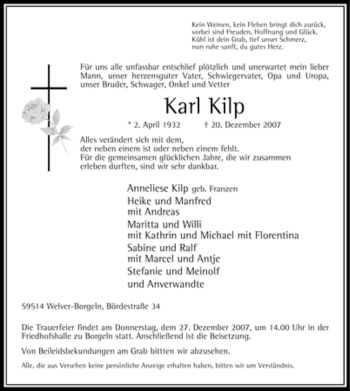 Traueranzeige von Karl Kilp von Tageszeitung