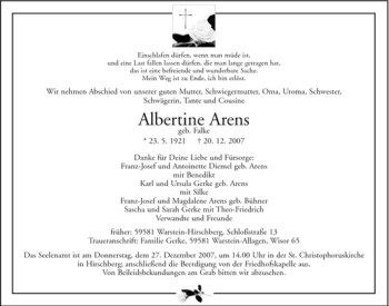 Traueranzeige von Albertine Arens von Tageszeitung