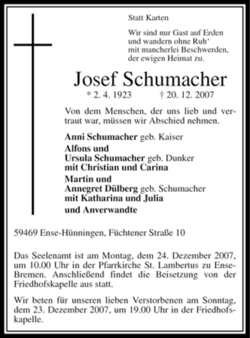 Traueranzeige von Josef Schumacher von Tageszeitung