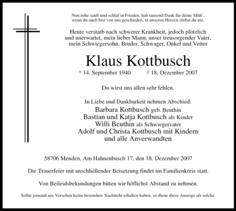  Traueranzeige für Klaus Kottbusch vom 22.12.2007 aus Tageszeitung