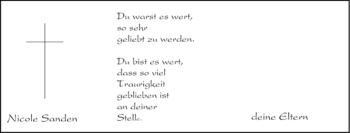 Traueranzeige von Nicole Sanden von Tageszeitung