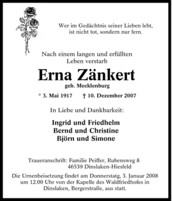 Traueranzeige von Erna Zänkert von Tageszeitung
