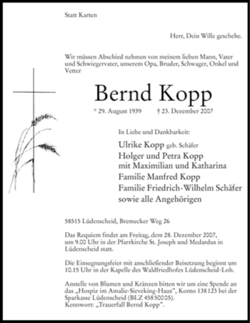 Traueranzeige von Bernd Kopp von Tageszeitung