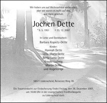 Traueranzeige von Jochen Dette von Tageszeitung