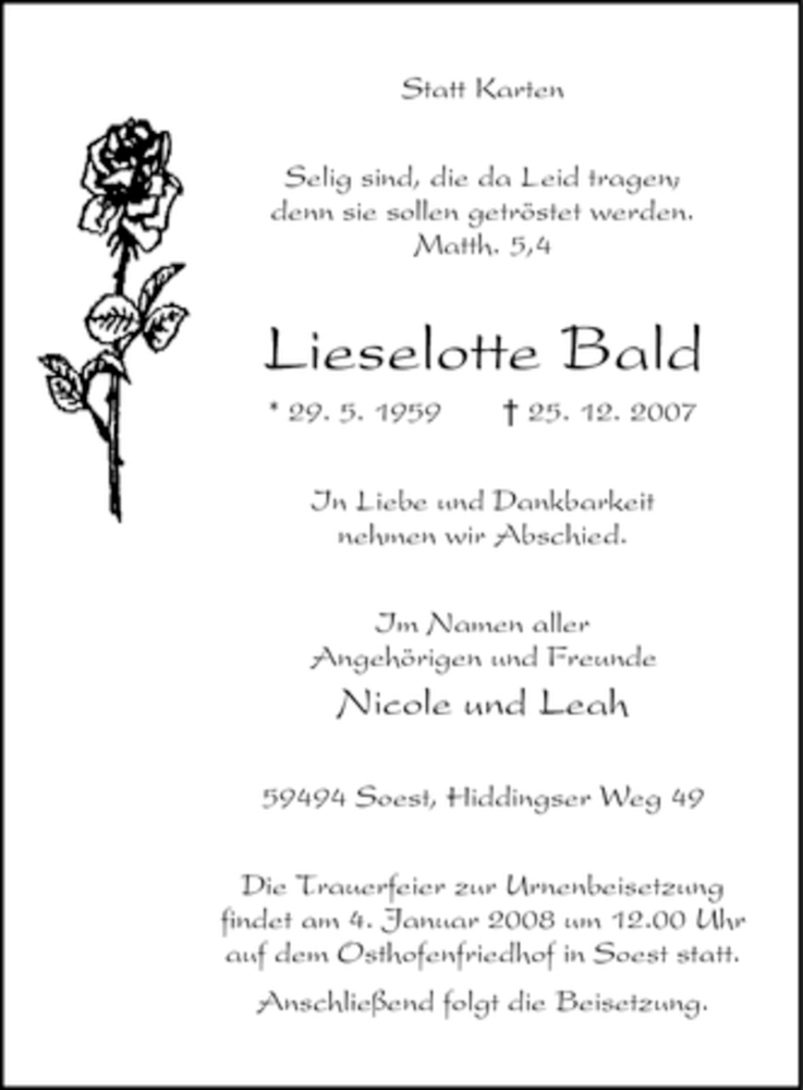  Traueranzeige für Lieselotte Bald vom 29.12.2007 aus Tageszeitung