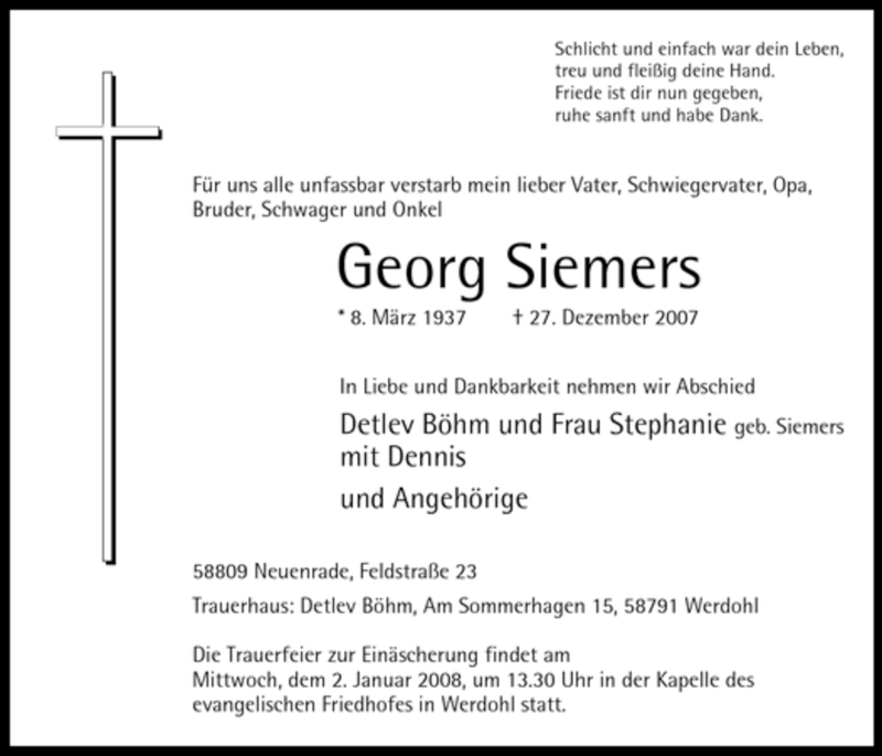  Traueranzeige für Georg Siemers vom 29.12.2007 aus Tageszeitung