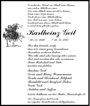 Traueranzeige von Karlheinz Geil von Tageszeitung