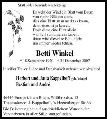 Traueranzeige von Betti Winkel von Tageszeitung