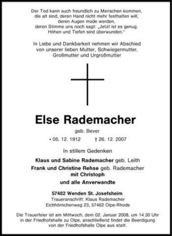 Traueranzeige von Else Rademacher von Tageszeitung