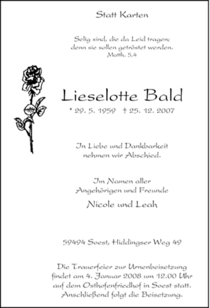  Traueranzeige für Lieselotte Bald vom 29.12.2007 aus Tageszeitung